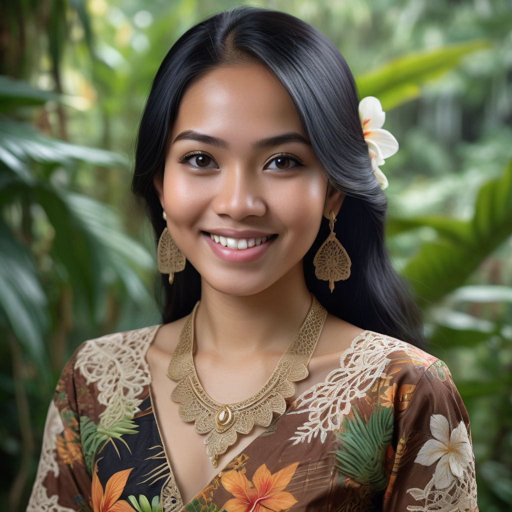 a young Indonesian woman in her mid-20s. She has long, black hair and brown eyes with a warm smile. She is dressed in traditional Indonesian fashion, wearing a kebaya blouse with intricate lace patterns and a batik sarong. She accessorizes with a simple necklace and earrings. The background features a lush tropical garden, reflecting the rich culture and natural beauty of Indonesia.