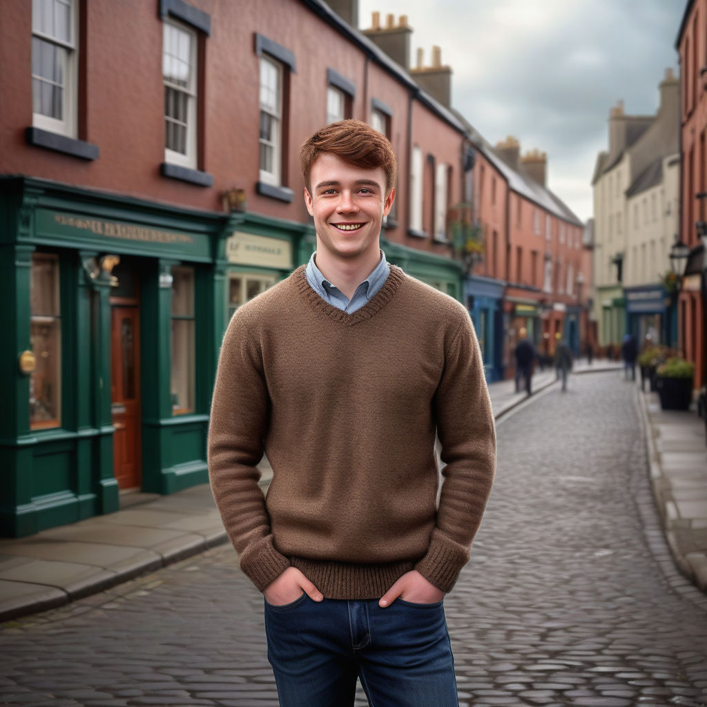 a young Irish man in his mid-20s. He has short, reddish-brown hair and a friendly smile. His outfit reflects modern Irish fashion: he is wearing a cozy, fitted wool sweater paired with slim-fit jeans and leather boots. The background features a picturesque Irish street with historic buildings and a cozy atmosphere, capturing the essence of Irish culture and style.