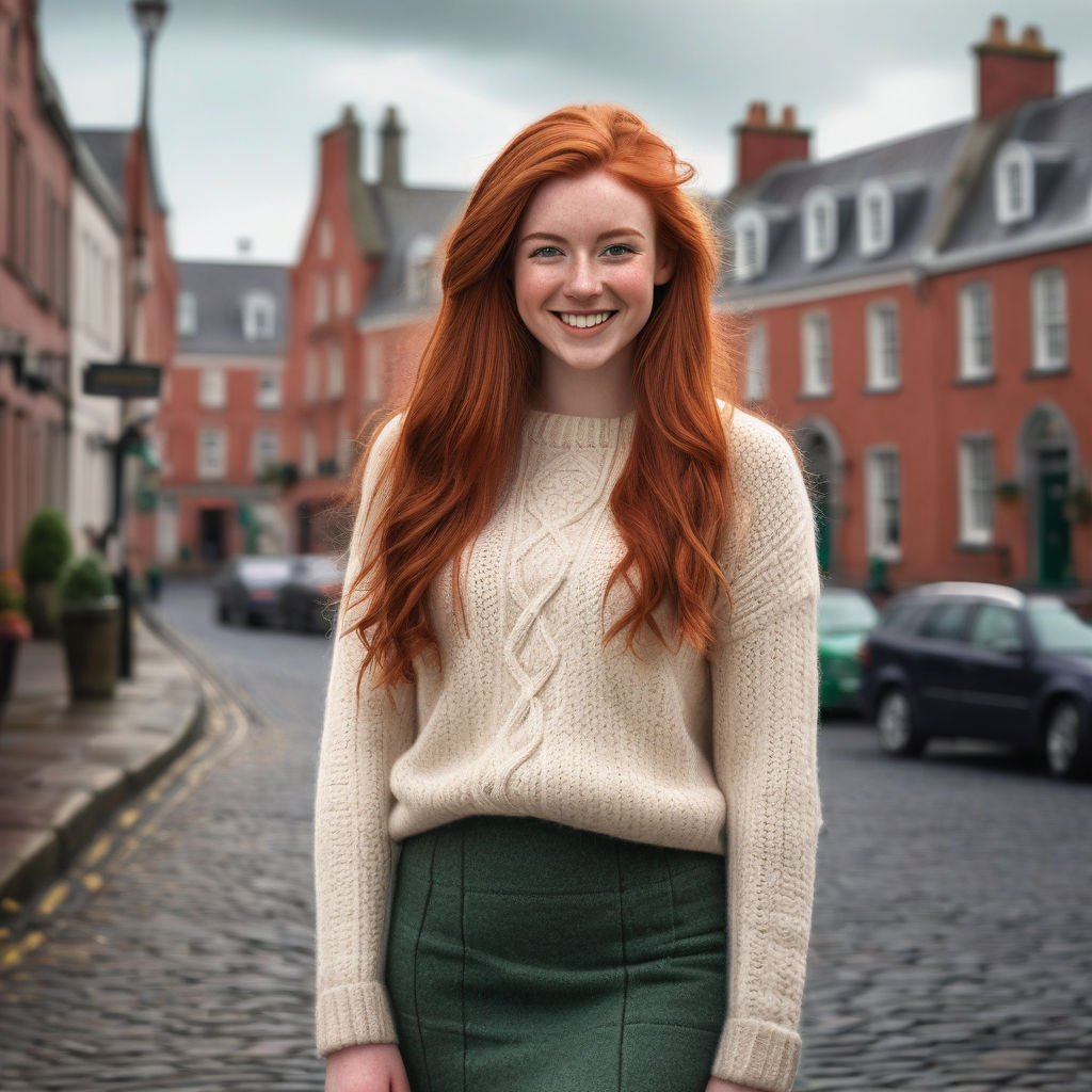 a young Irish woman in her mid-20s. She has long, red hair and a bright smile. Her outfit reflects modern Irish fashion: she is wearing a cozy, fitted wool sweater paired with a stylish skirt and ankle boots. The background features a picturesque Irish street with historic buildings and a cozy atmosphere, capturing the essence of Irish culture and style.