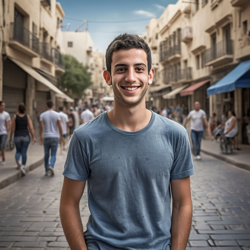 a young Israeli man in his mid-20s. He has short, dark hair and a friendly smile. His outfit reflects modern Israeli fashion: he is wearing a casual, fitted t-shirt paired with jeans and sneakers. The background features a lively Israeli street with a mix of modern and historic buildings, capturing the essence of Israeli culture and style.