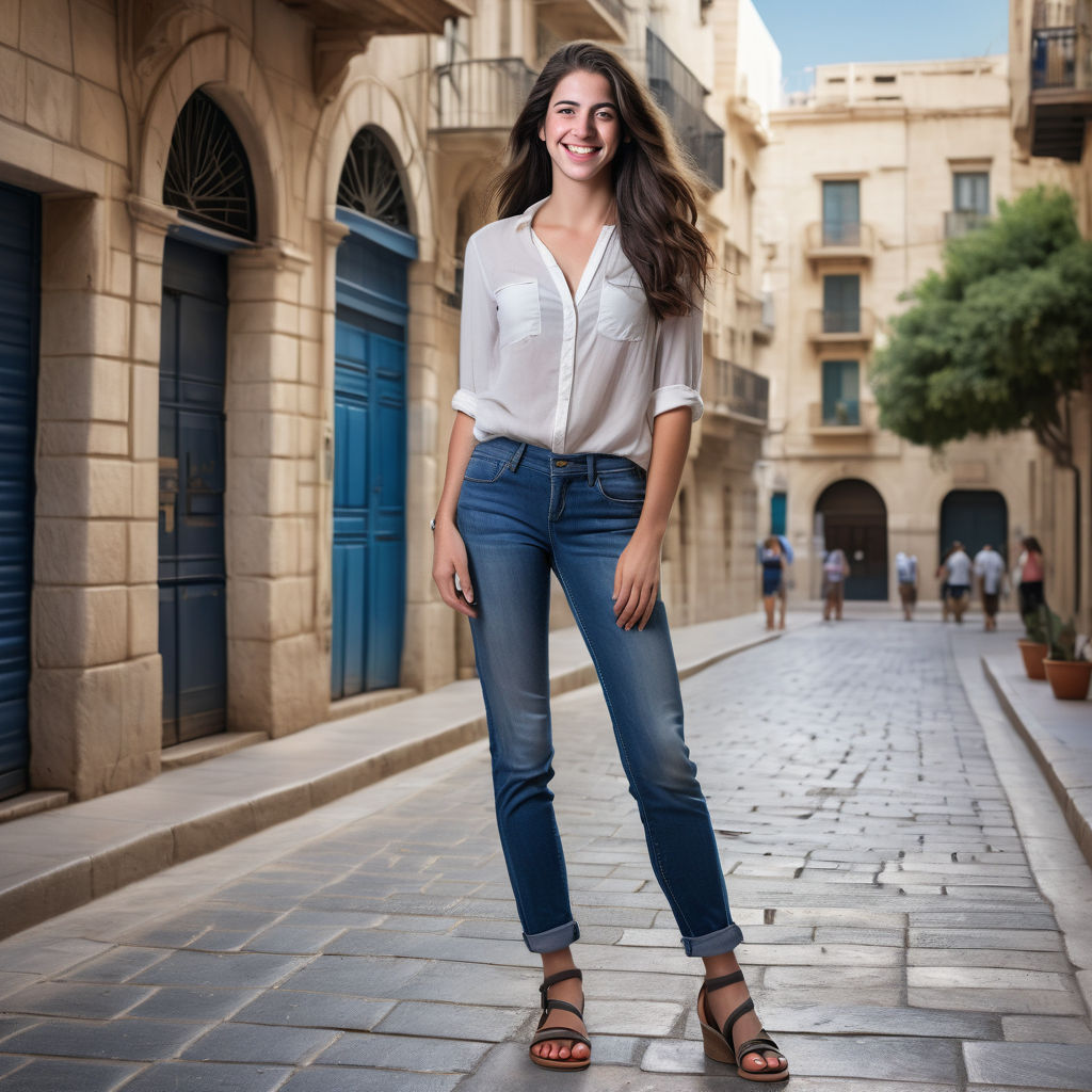 a young Israeli woman in her mid-20s. She has long, dark hair and a bright smile. Her outfit reflects modern Israeli fashion: she is wearing a casual, fitted blouse paired with jeans and stylish sandals. The background features a lively Israeli street with a mix of modern and historic buildings, capturing the essence of Israeli culture and style.