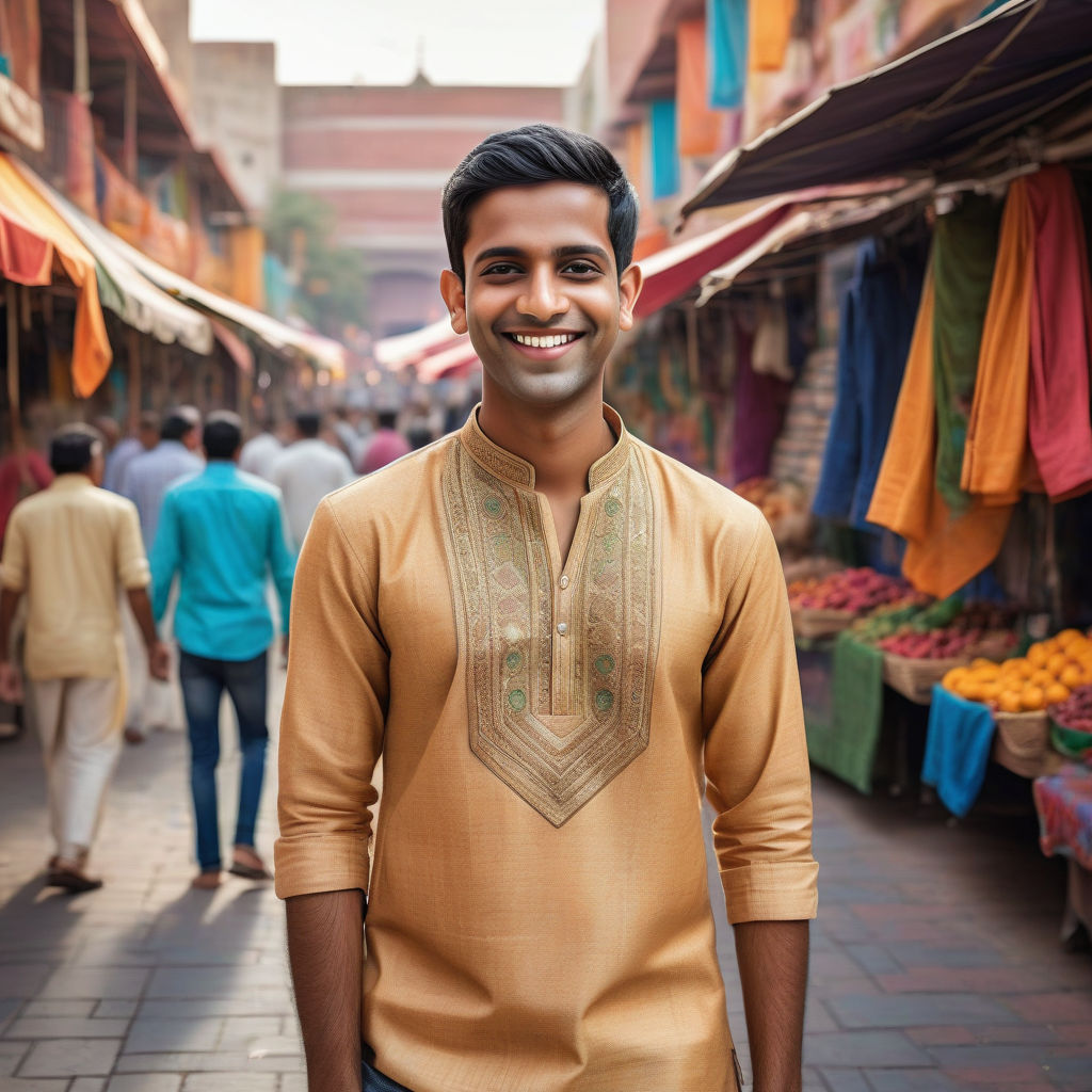 a young Indian man in his mid-20s. He has short black hair and a confident smile. His outfit reflects modern Indian fashion: he is wearing a traditional kurta with jeans and stylish loafers. The background features a vibrant Indian street with colorful markets and traditional architecture, capturing the lively and diverse culture of India.