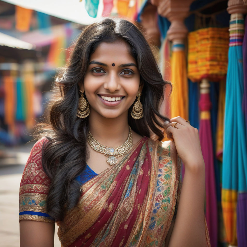 a young Indian woman in her mid-20s. She has long, dark hair styled in loose waves and a warm smile. She is wearing a traditional colorful saree with intricate patterns, accessorized with bangles and earrings. The background features an Indian market with vibrant stalls and traditional architecture, capturing the essence of Indian culture.