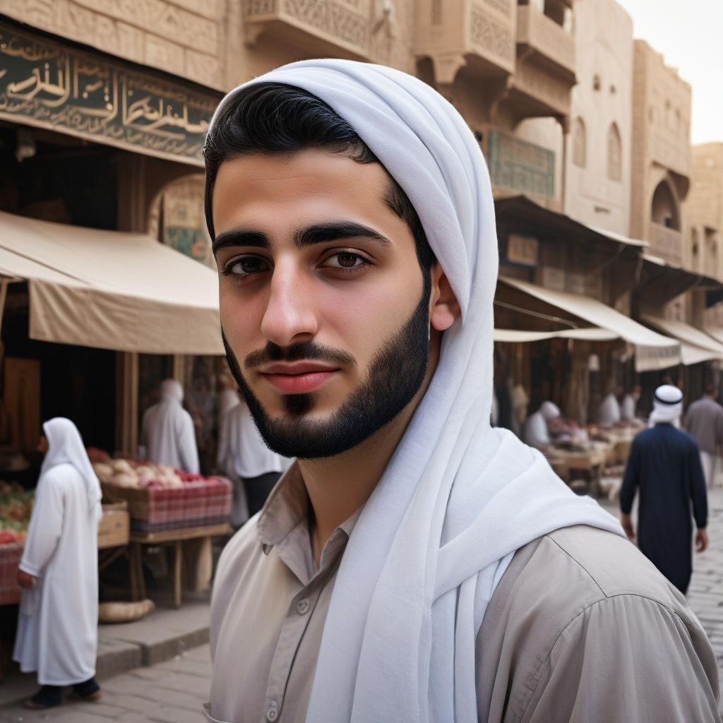 a young Iraqi man in his mid-20s. He has short, dark hair and a neatly groomed beard. His outfit reflects traditional Iraqi fashion: he is wearing a white dishdasha paired with a keffiyeh draped over his shoulders. The background features a lively Iraqi street with traditional markets and historic architecture, capturing the essence of Iraqi culture and style.