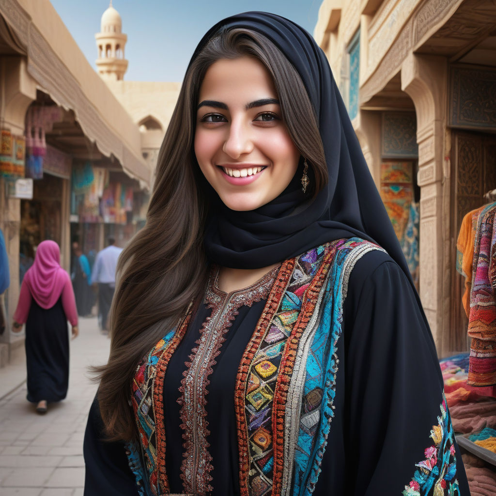 a young Iraqi woman in her mid-20s. She has long, dark hair and a bright smile. Her outfit reflects traditional Iraqi fashion: she is wearing a colorful abaya with intricate embroidery, paired with a matching hijab. The background features a bustling Iraqi street with traditional markets and historic architecture, capturing the essence of Iraqi culture and style.