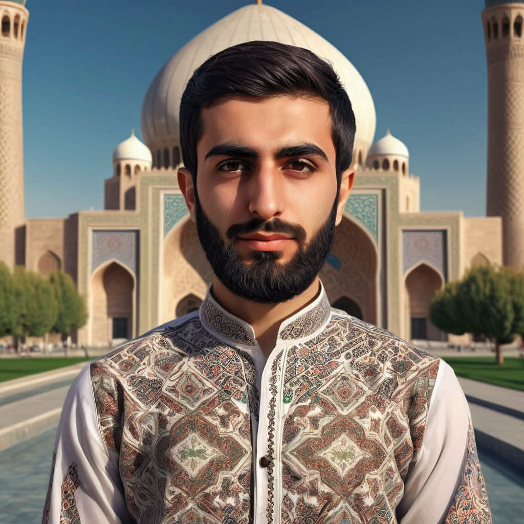 a young Iranian man in his mid-20s. He has short, dark hair and a well-groomed beard. He is dressed in traditional Iranian attire, wearing a modern, stylish shirt with Persian patterns. The background features a historical site in Iran, such as the Azadi Tower, reflecting Iranian culture and architecture.