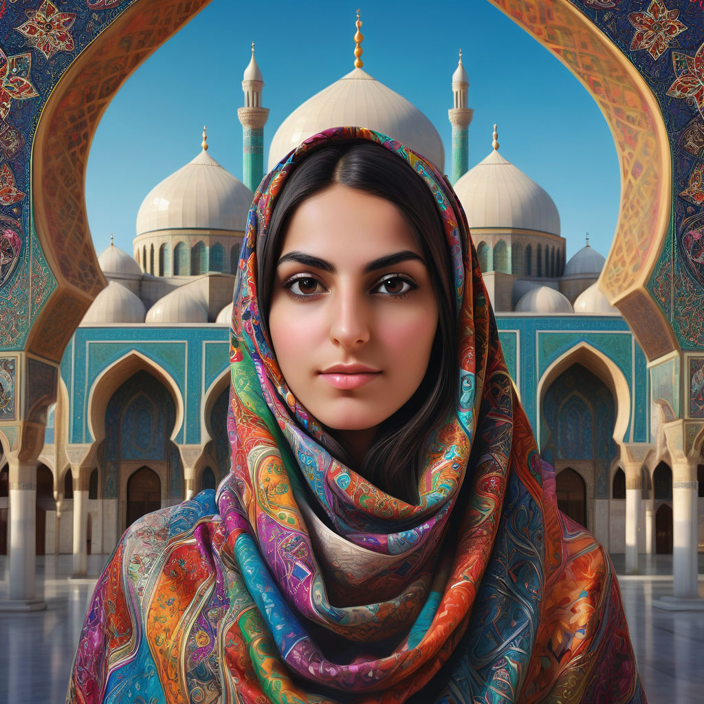 a young Iranian woman in her mid-20s. She has long, dark hair covered by a colorful hijab with traditional Persian patterns. She is dressed in a modern, elegant dress that reflects Iranian fashion, featuring intricate designs and rich colors. The background includes an iconic Iranian landmark, such as the Nasir al-Mulk Mosque, to showcase Iranian culture and architecture.