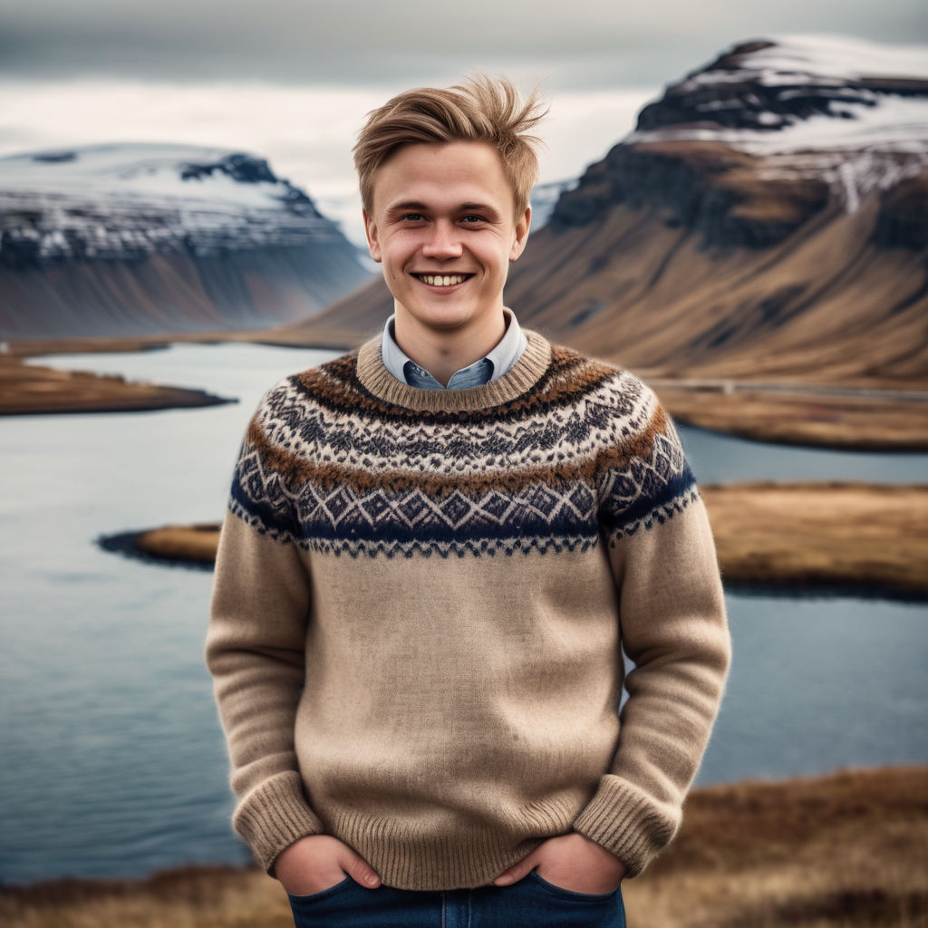 a young Icelandic man in his mid-20s from Iceland. He has short, light brown hair and a friendly smile. His outfit reflects modern Icelandic fashion: he is wearing a warm, knitted sweater with traditional Icelandic patterns, paired with jeans and sturdy boots. The background features a picturesque Icelandic landscape with mountains and a serene lake, capturing the essence of Icelandic culture and style.