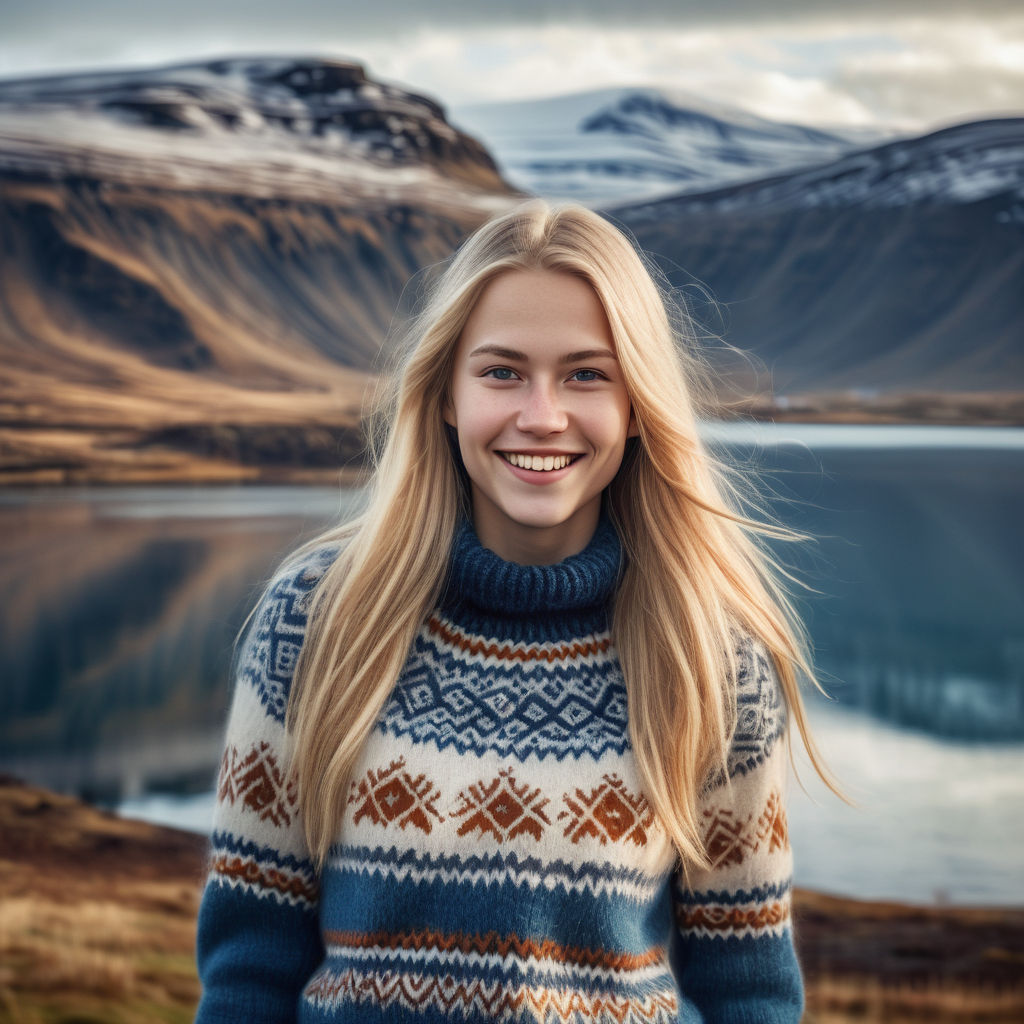 a young Icelandic woman in her mid-20s from Iceland. She has long, blonde hair and a bright smile. Her outfit reflects modern Icelandic fashion: she is wearing a warm, knitted sweater with traditional Icelandic patterns, paired with jeans and stylish boots. The background features a picturesque Icelandic landscape with mountains and a serene lake, capturing the essence of Icelandic culture and style.