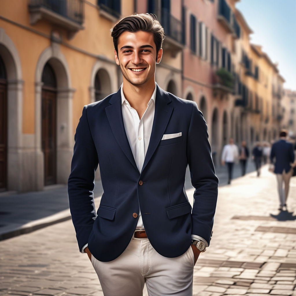 a young Italian man in his mid-20s. He has a stylish and well-groomed appearance, with dark hair and a confident smile. His outfit reflects modern Italian fashion, wearing a fitted, navy blue blazer over a white dress shirt, paired with tailored chinos and leather loafers. The background is a sunny Italian street, lined with charming buildings and outdoor cafes, capturing the essence of contemporary Italian style and lifestyle.