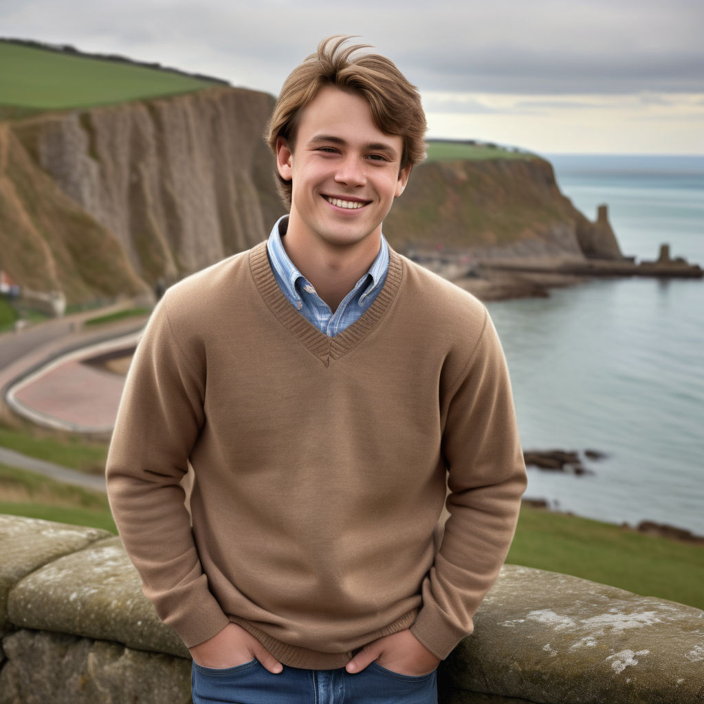 a young Jersey man in his mid-20s from Jersey. He has short, light brown hair and a friendly, confident smile. His outfit reflects traditional Jersey fashion: he is wearing a stylish, casual jacket over a warm sweater, paired with jeans and sturdy boots. The background features a picturesque Jersey landscape with coastal cliffs and the English Channel, capturing the essence of Jersey culture and style.