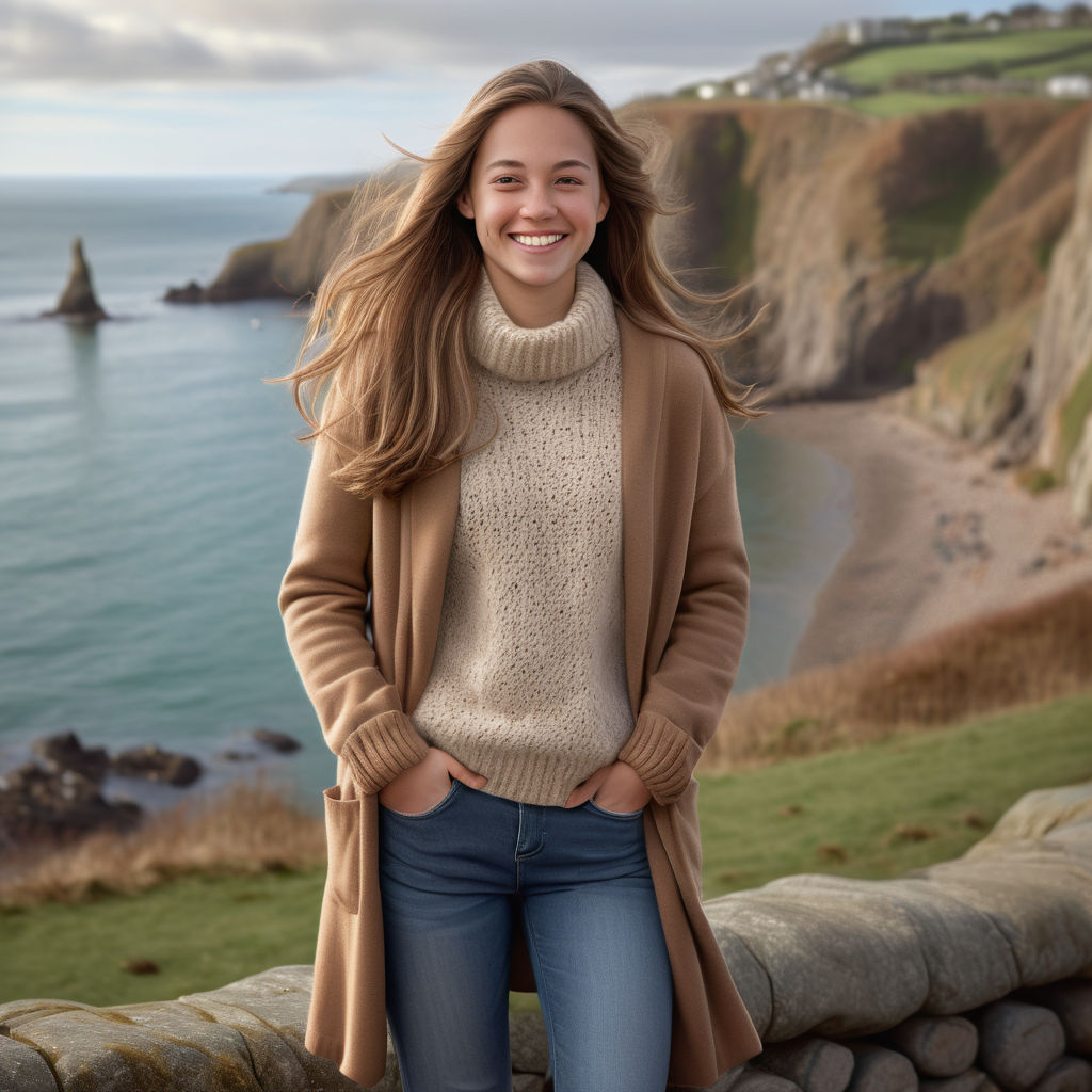 a young Jersey woman in her mid-20s from Jersey. She has long, light brown hair and a warm, bright smile. Her outfit reflects traditional Jersey fashion: she is wearing a cozy, stylish sweater paired with a chic coat and jeans, along with sturdy boots. The background features a beautiful Jersey landscape with coastal cliffs and the English Channel, capturing the essence of Jersey culture and style.