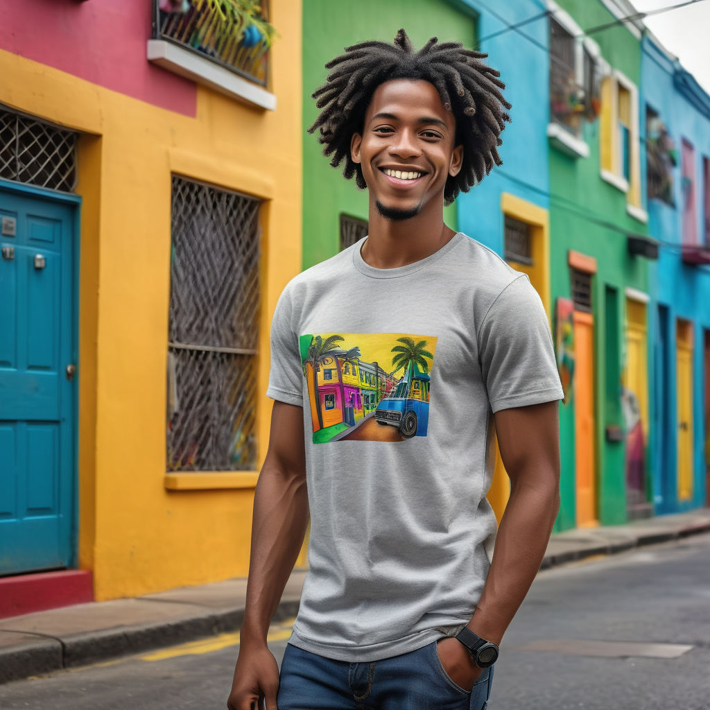 a young Jamaican man in his mid-20s. He has short, curly black hair and a warm smile. His outfit reflects modern Jamaican fashion: he is wearing a casual, fitted t-shirt with a reggae-inspired design, paired with comfortable jeans and stylish sneakers. The background features a lively Jamaican street with colorful buildings and a vibrant atmosphere, capturing the essence of Jamaican culture and style.