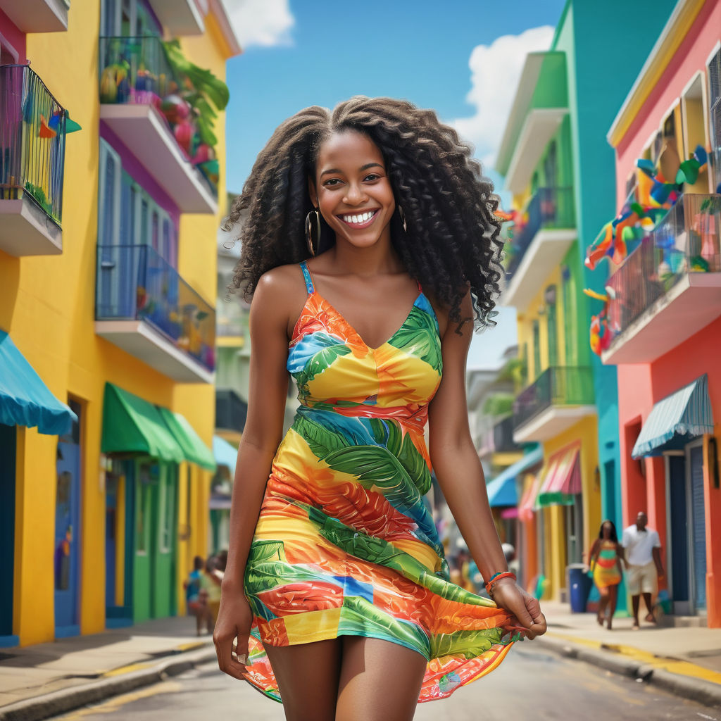 a young Jamaican woman in her mid-20s. She has long, curly black hair and a bright smile. Her outfit reflects modern Jamaican fashion: she is wearing a colorful, fitted sundress paired with stylish sandals. The background features a lively Jamaican street with vibrant buildings and a festive atmosphere, capturing the essence of Jamaican culture and style.