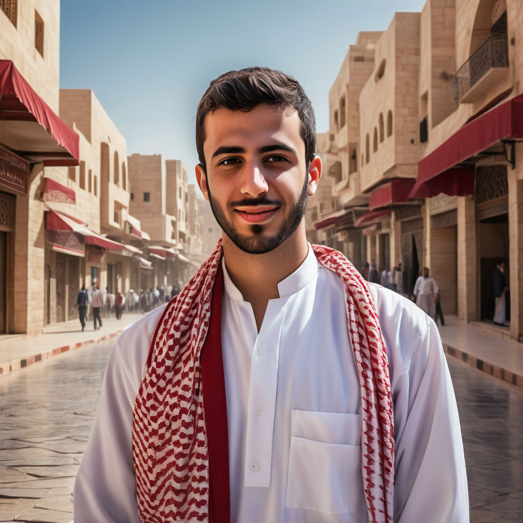 a young Jordanian man in his mid-20s. He has short, dark hair and a neatly groomed beard. His outfit reflects traditional Jordanian fashion: he is wearing a white thobe paired with a red and white keffiyeh. The background features a bustling Jordanian street with traditional architecture and a lively atmosphere, capturing the essence of Jordanian culture and style.