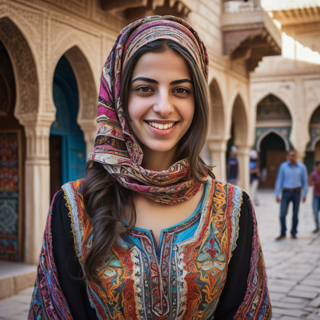 a young Jordanian woman in her mid-20s. She has long, dark hair and a warm smile. Her outfit reflects traditional Jordanian fashion: she is wearing a colorful, intricately embroidered dress paired with a matching headscarf. The background features a bustling Jordanian street with traditional architecture and a lively atmosphere, capturing the essence of Jordanian culture and style.