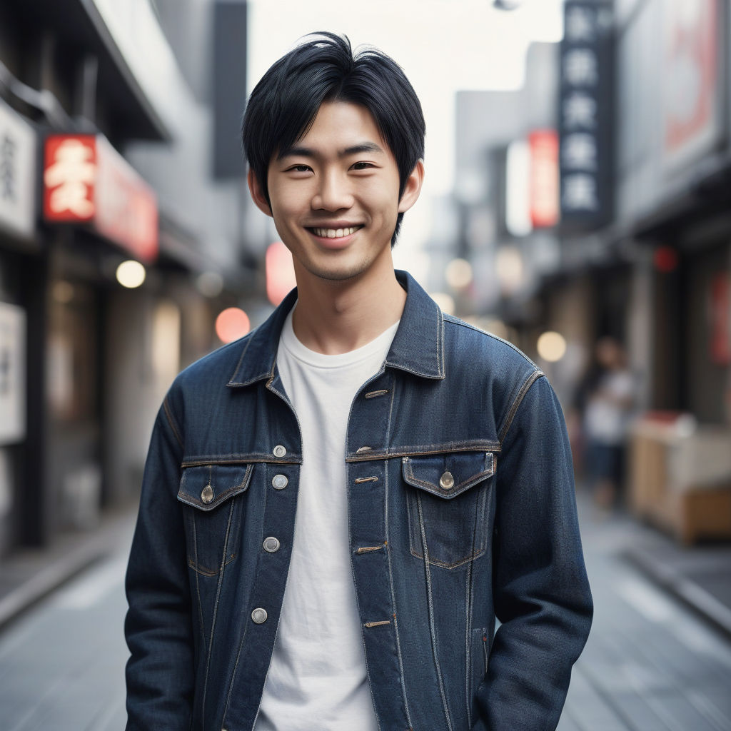 a young Japanese man in his mid-20s. He has short, neatly styled black hair and a friendly smile. He is dressed in a casual yet stylish outfit typical of Japanese fashion, consisting of a fitted denim jacket over a plain white t-shirt, paired with dark jeans. The background features a modern urban setting with Japanese signage, capturing the contemporary style and atmosphere of Japan.