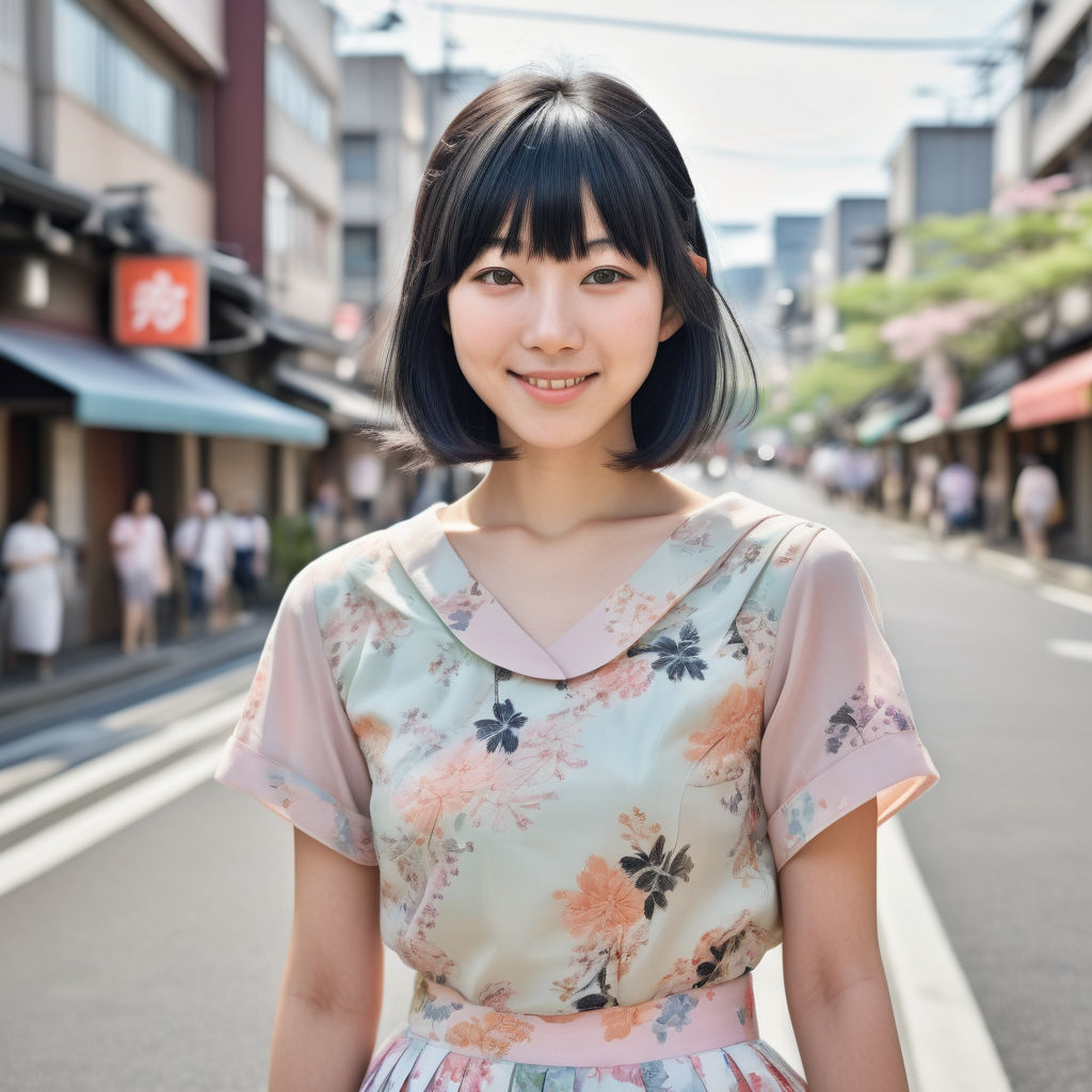 a young Japanese woman in her mid-20s. She has straight, shoulder-length black hair with soft bangs and a gentle smile. She is dressed in a fashionable Japanese outfit, featuring a light pastel-colored blouse with a floral pattern and a high-waisted skirt. The background features a lively urban street in Japan, with traditional and modern elements, showcasing the vibrant and stylish atmosphere of Japanese culture.