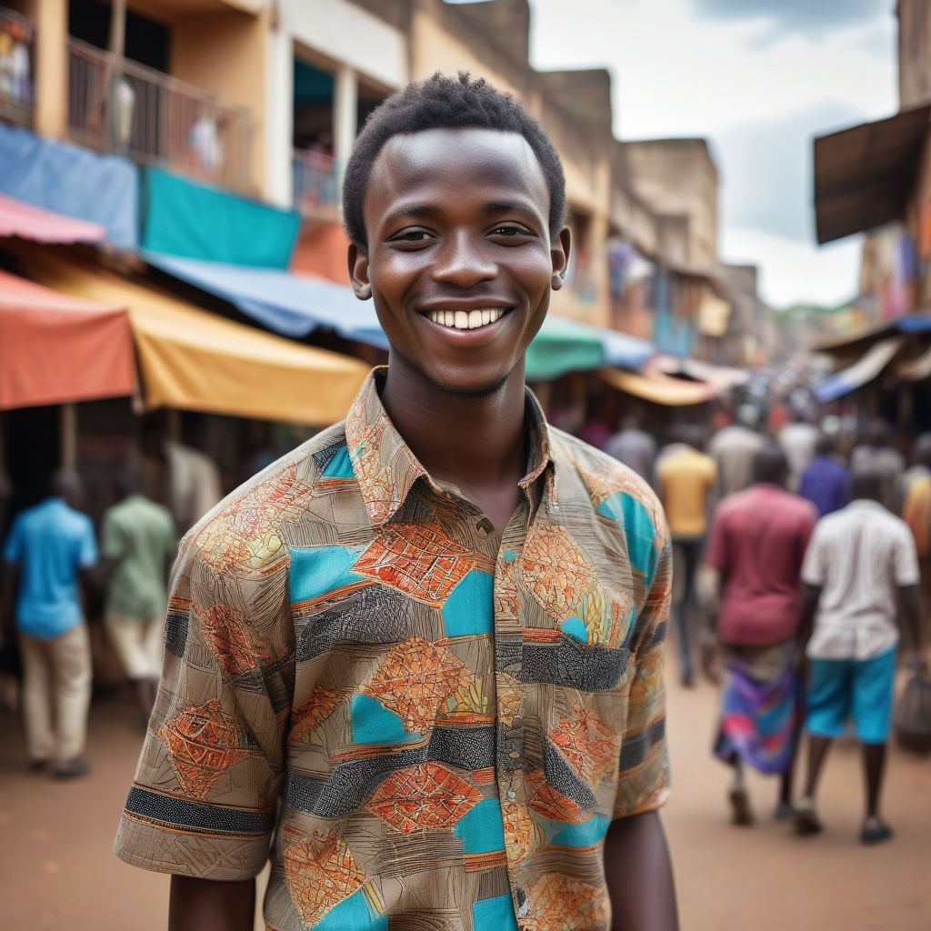 a young Kenyan man in his mid-20s. He has short, curly black hair and a warm smile. His outfit reflects modern Kenyan fashion: he is wearing a colorful, patterned shirt, paired with khaki trousers and casual shoes. The background features a vibrant Kenyan street with bustling markets and traditional architecture, capturing the essence of Kenyan culture and style.