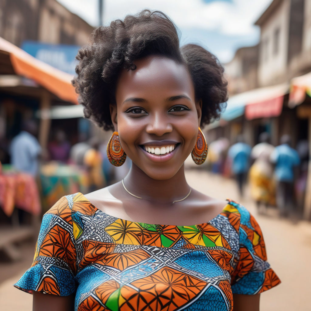 a young Kenyan woman in her mid-20s. She has short, curly black hair and a bright smile. Her outfit reflects modern Kenyan fashion: she is wearing a colorful kitenge dress with bold patterns, paired with traditional jewelry. The background features a lively Kenyan street with bustling markets and traditional architecture, capturing the essence of Kenyan culture and style.