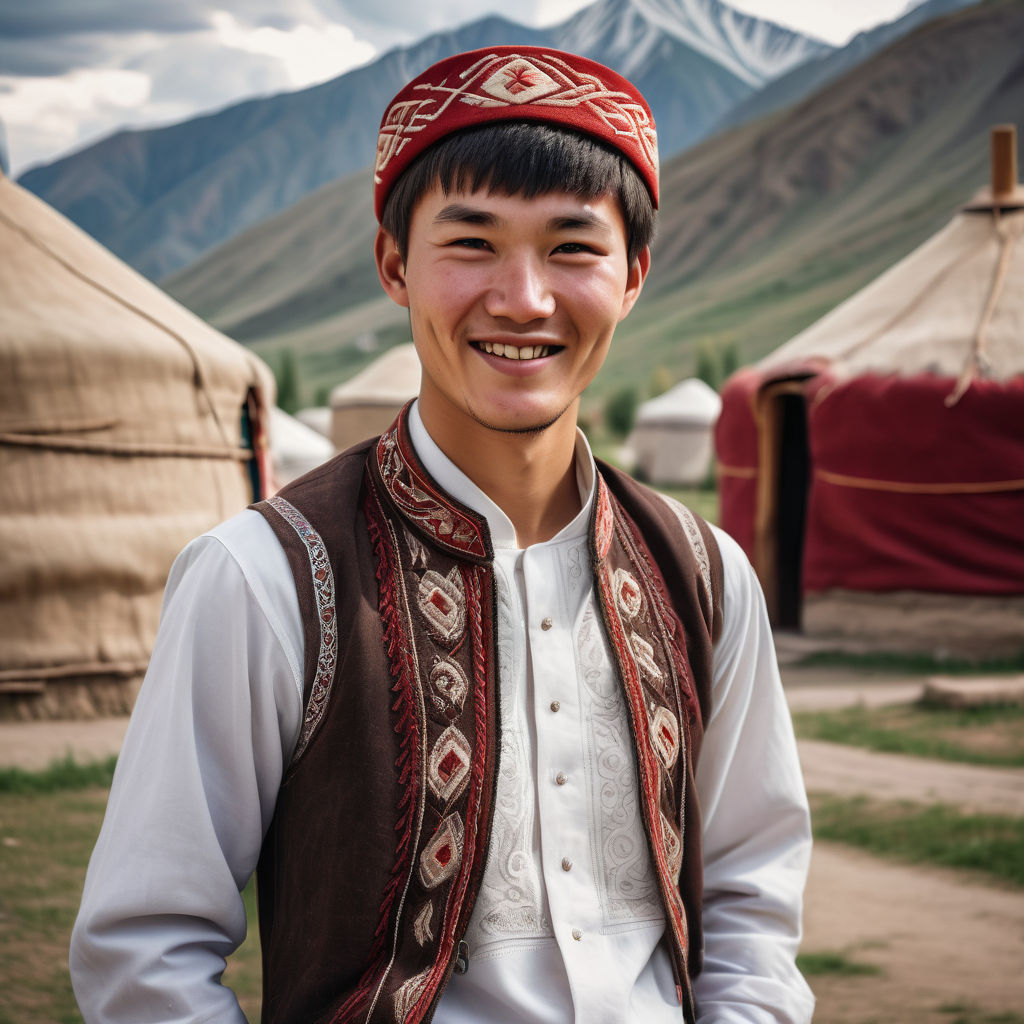 a young Kyrgyz man in his mid-20s. He has short, dark hair and a warm smile. His outfit reflects traditional Kyrgyz fashion: he is wearing a white shirt with intricate embroidery, paired with traditional trousers and a kalpak hat. The background features a picturesque Kyrgyz street with traditional yurts and mountainous scenery, capturing the essence of Kyrgyz culture and style.