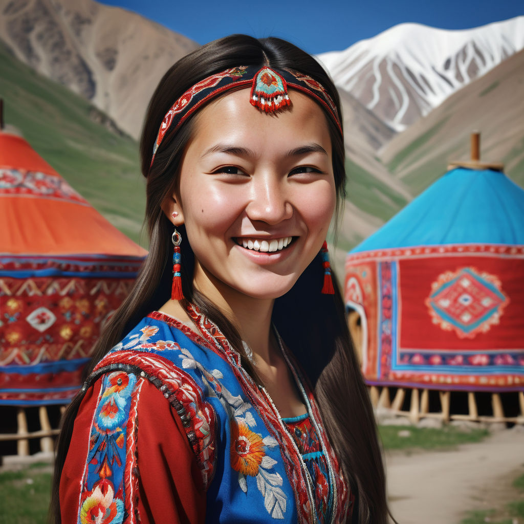 a young Kyrgyz woman in her mid-20s. She has long, dark hair and a bright smile. Her outfit reflects traditional Kyrgyz fashion: she is wearing a colorful, intricately embroidered dress paired with traditional jewelry and a headscarf. The background features a picturesque Kyrgyz street with traditional yurts and mountainous scenery, capturing the essence of Kyrgyz culture and style.