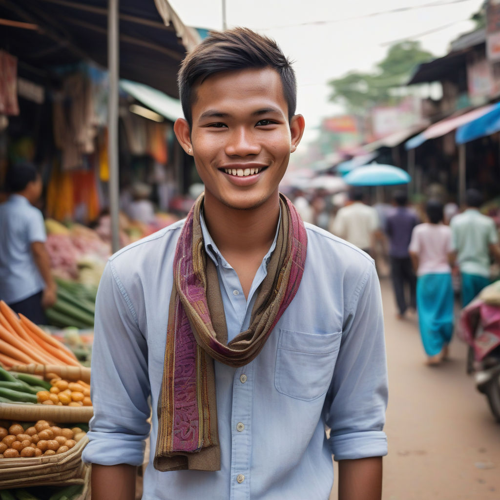 a young Cambodian man in his mid-20s. He has short, dark hair and a warm smile. His outfit reflects modern Cambodian fashion: he is wearing a traditional krama scarf around his neck, paired with a casual button-up shirt and lightweight trousers. The background features a lively Cambodian street with bustling markets and traditional architecture, capturing the essence of Cambodian culture and style.