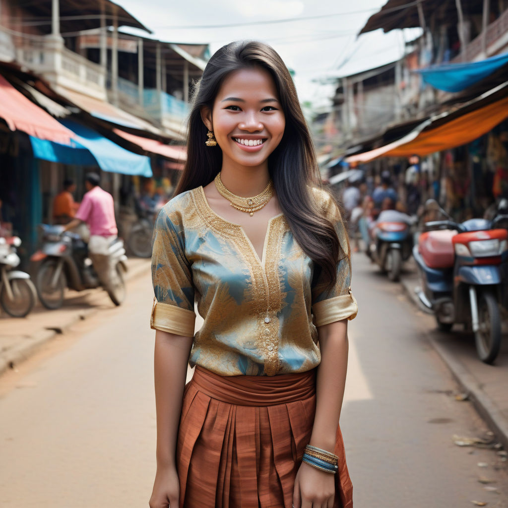 a young Cambodian woman in her mid-20s. She has long, dark hair and a bright smile. Her outfit reflects modern Cambodian fashion: she is wearing a traditional sampot with a silk blouse, paired with traditional jewelry. The background features a lively Cambodian street with bustling markets and traditional architecture, capturing the essence of Cambodian culture and style.