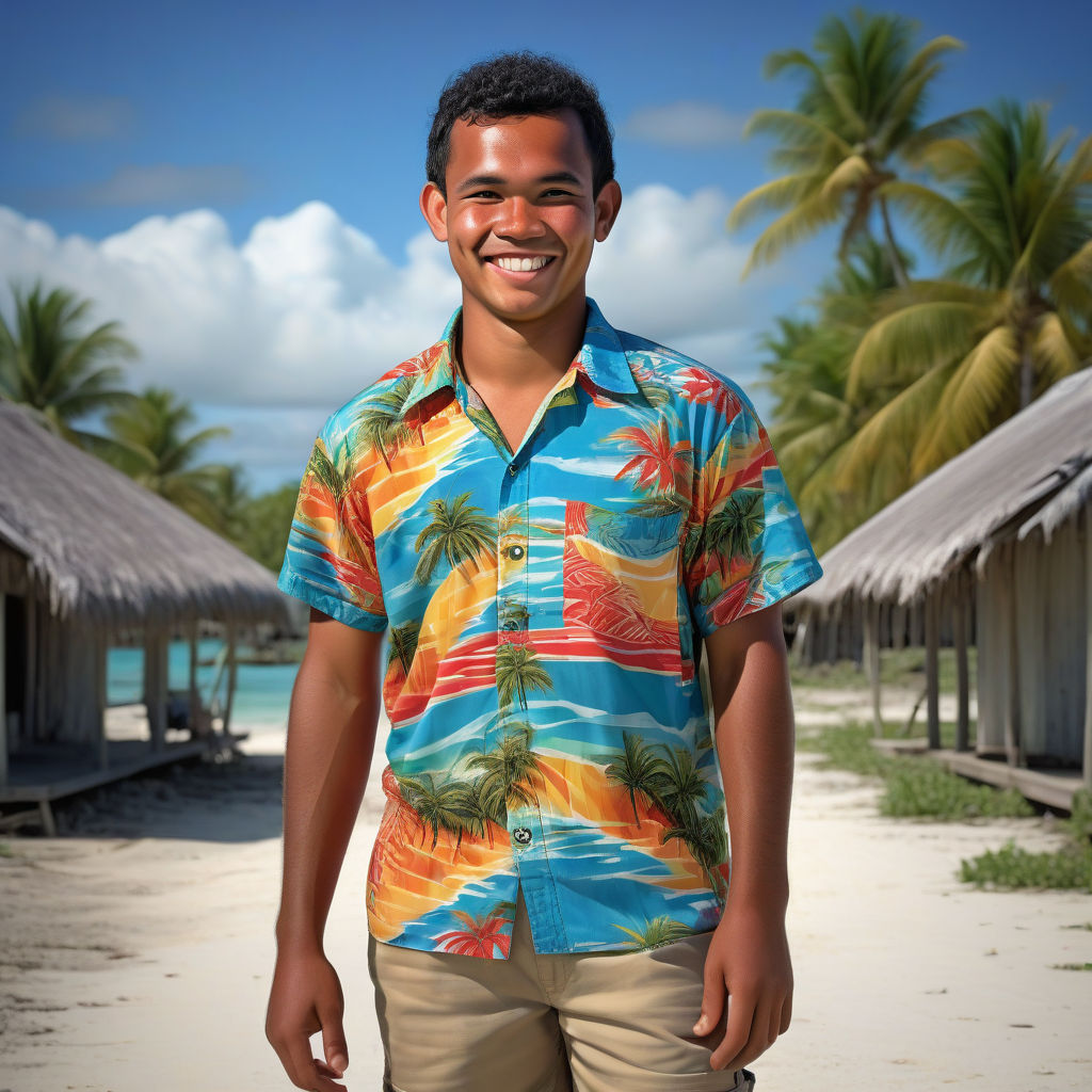 a young I-Kiribati man in his mid-20s from Kiribati. He has short, curly black hair and a bright, friendly smile. His outfit reflects traditional Kiribati fashion: he is wearing a brightly colored, tropical shirt with island patterns, paired with casual shorts and flip-flops. The background features a picturesque Kiribati beach with clear blue waters and lush palm trees, capturing the essence of Kiribati culture and style.