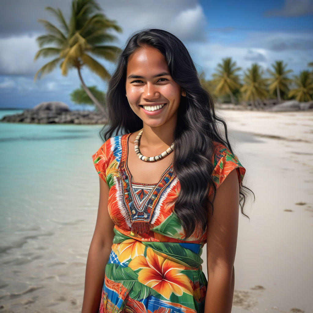 a young I-Kiribati woman in her mid-20s from Kiribati. She has long, wavy black hair and a warm, radiant smile. Her outfit reflects traditional Kiribati fashion: she is wearing a colorful, tropical dress with island patterns, paired with simple jewelry and sandals. The background features a beautiful Kiribati beach with clear blue waters and lush palm trees, capturing the essence of Kiribati culture and style.