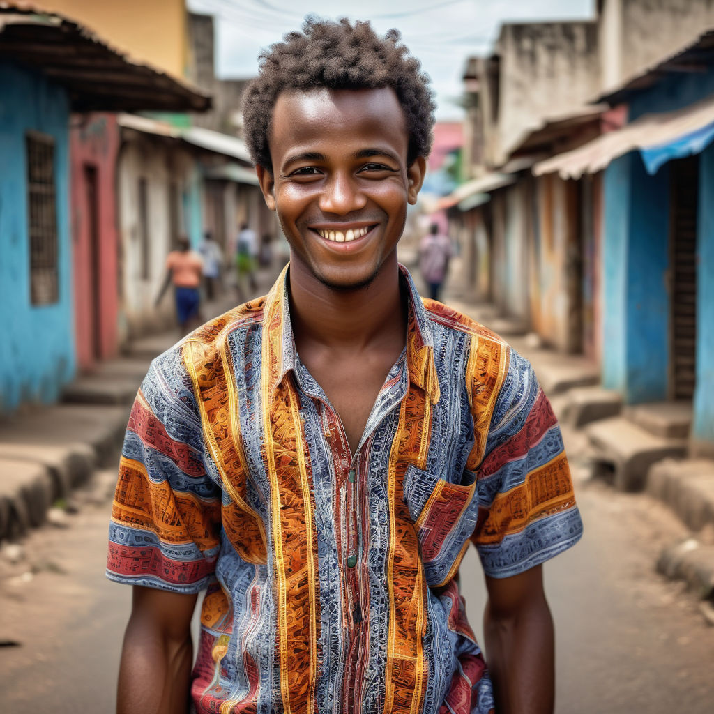 a young Comorian man in his mid-20s from Comoros. He has short, curly black hair and a warm, friendly smile. His outfit reflects traditional Comorian fashion: he is wearing a colorful, patterned shirt with intricate designs, paired with a traditional sarong and simple sandals. The background features a vibrant Comorian street with traditional buildings and bustling markets, capturing the essence of Comorian culture and style.