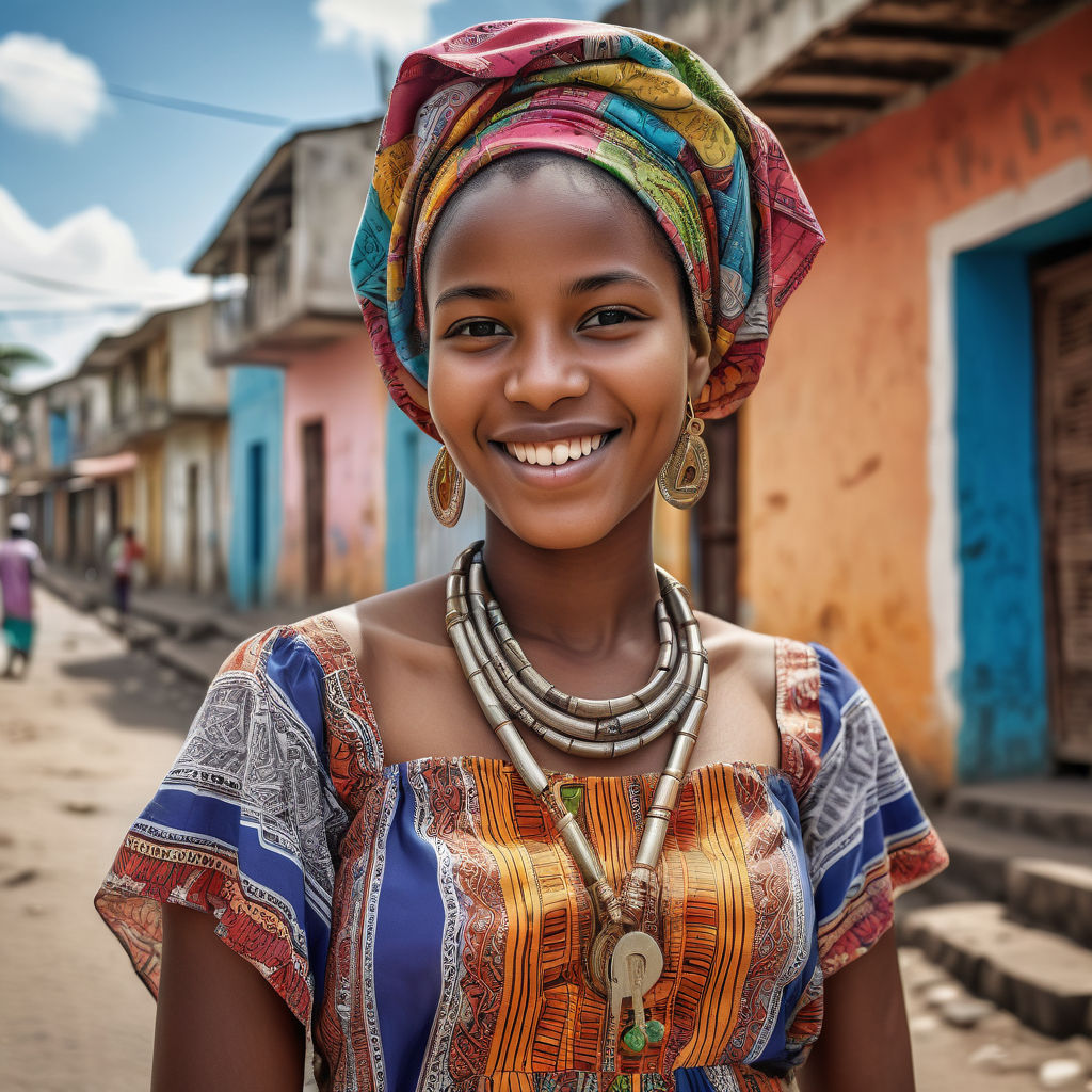 a young Comorian woman in her mid-20s from Comoros. She has long, curly black hair and a bright, welcoming smile. Her outfit reflects traditional Comorian fashion: she is wearing a colorful, patterned dress with a matching headscarf and simple jewelry. The background features a lively Comorian street with traditional buildings and bustling markets, capturing the essence of Comorian culture and style.