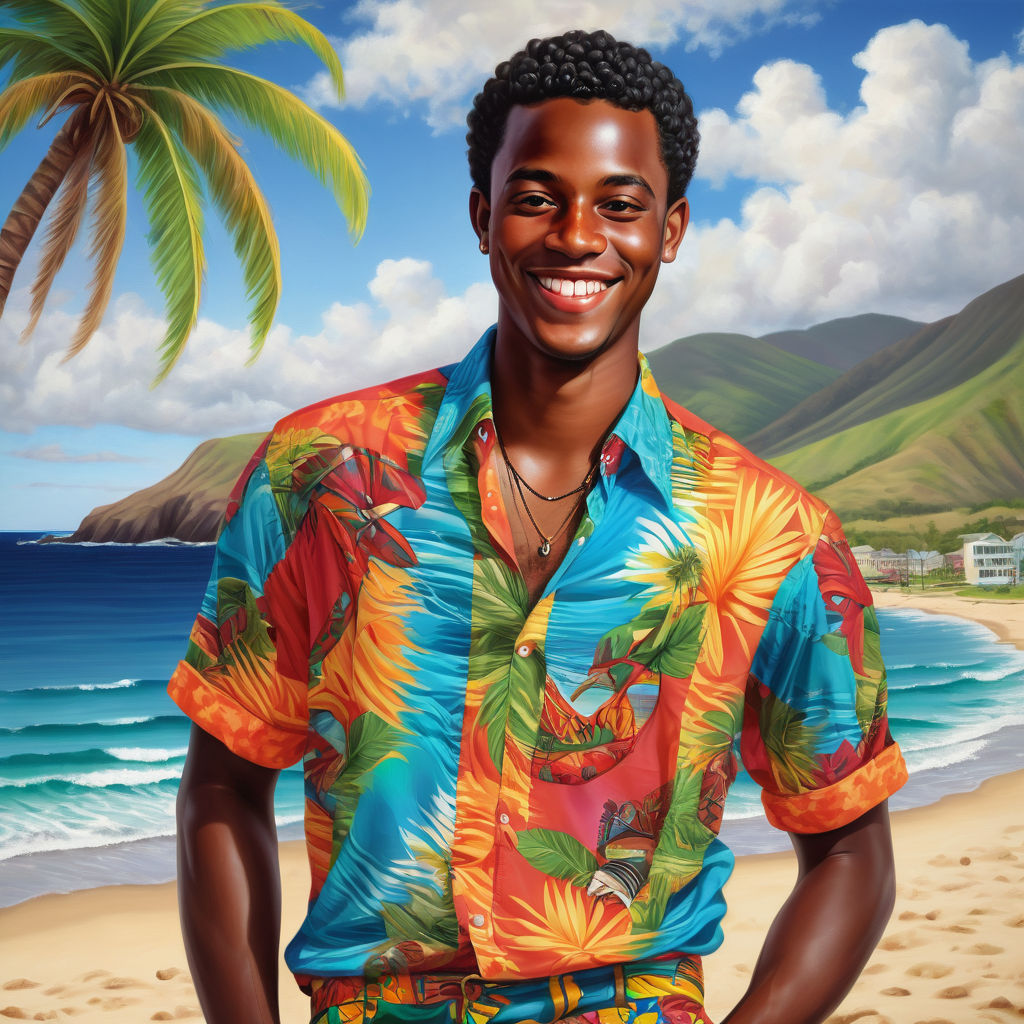 a young Kittitian man in his mid-20s from Saint Kitts and Nevis. He has short, curly black hair and a bright, friendly smile. His outfit reflects traditional Kittitian fashion: he is wearing a colorful, tropical shirt with vibrant patterns, paired with casual shorts and sandals. The background features a picturesque Saint Kitts beach with clear blue waters and lush palm trees, capturing the essence of Kittitian culture and style.