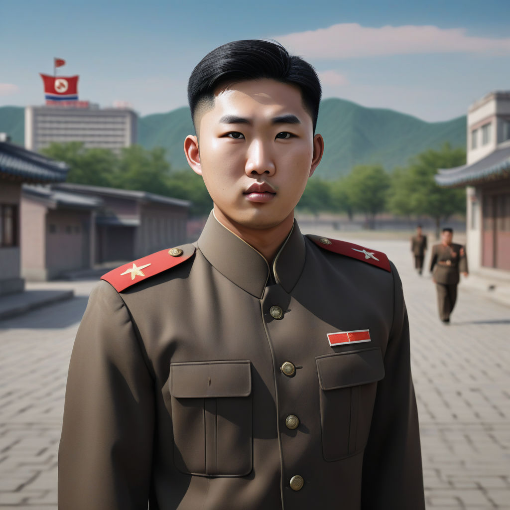 a young North Korean man in his mid-20s from North Korea. He has short, black hair and a serious, composed expression. His outfit reflects traditional North Korean fashion: he is wearing a neatly pressed, dark-colored military-style uniform with a high collar and insignia. The background features a typical North Korean urban landscape with monumental architecture and statues, capturing the essence of North Korean culture and style.