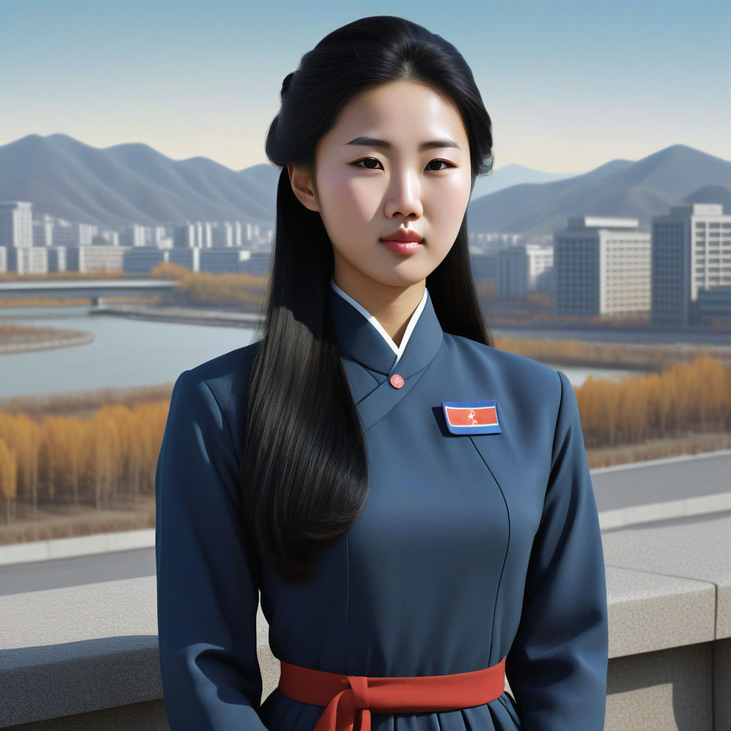 a young North Korean woman in her mid-20s from North Korea. She has long, straight black hair and a calm, composed expression. Her outfit reflects traditional North Korean fashion: she is wearing a neatly pressed, modest dress with a high collar and simple, elegant design. The background features a typical North Korean urban landscape with monumental architecture and statues, capturing the essence of North Korean culture and style.