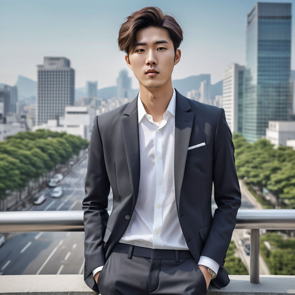 a young South Korean man in his mid-20s. He has a neat hairstyle typical of South Korean fashion trends and is dressed in stylish, contemporary South Korean attire. He wears a slim-fit blazer over a white shirt, paired with tailored trousers. The background shows a modern urban setting in Seoul, with sleek buildings and vibrant city life, capturing the essence of South Korean culture and fashion.