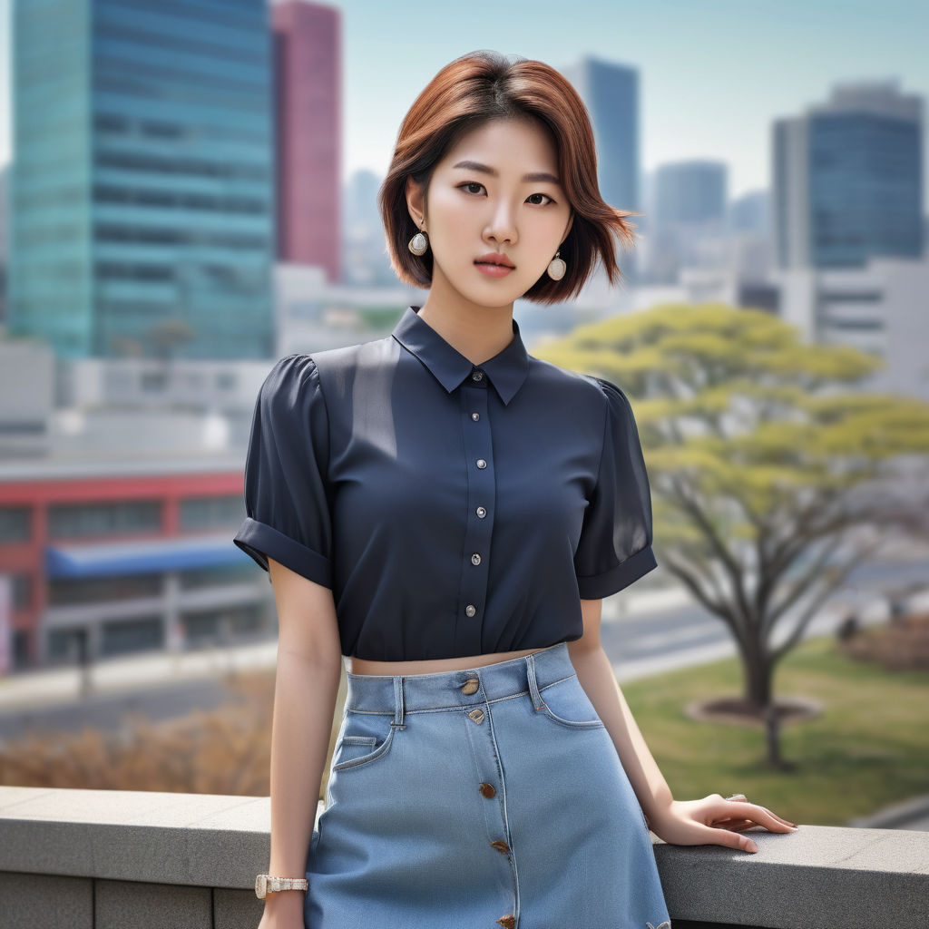 a young South Korean woman in her mid-20s. She has a stylish, contemporary hairstyle and is dressed in modern South Korean fashion. She wears a trendy outfit consisting of a chic blouse paired with a high-waisted skirt or fashionable jeans. Accessories include delicate jewelry and a fashionable handbag. The background depicts a vibrant urban setting in Seoul, showcasing modern buildings and bustling city life, reflecting South Korean culture and fashion.