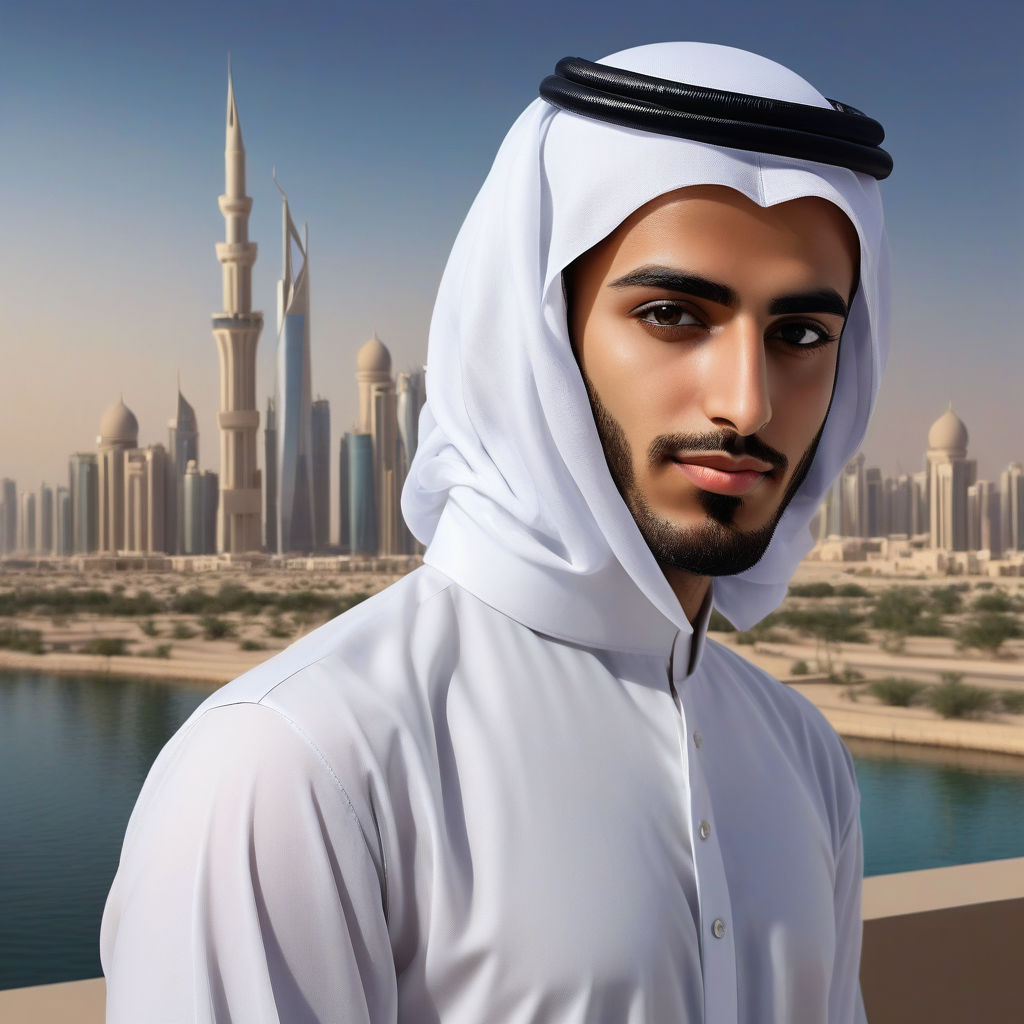 a young Kuwaiti man in his mid-20s. He has short, dark hair and a neatly groomed beard. His outfit reflects traditional Kuwaiti fashion: he is wearing a white dishdasha paired with a ghutra and agal. The background features a modern Kuwaiti cityscape with a mix of traditional and contemporary architecture, capturing the essence of Kuwaiti culture and style.