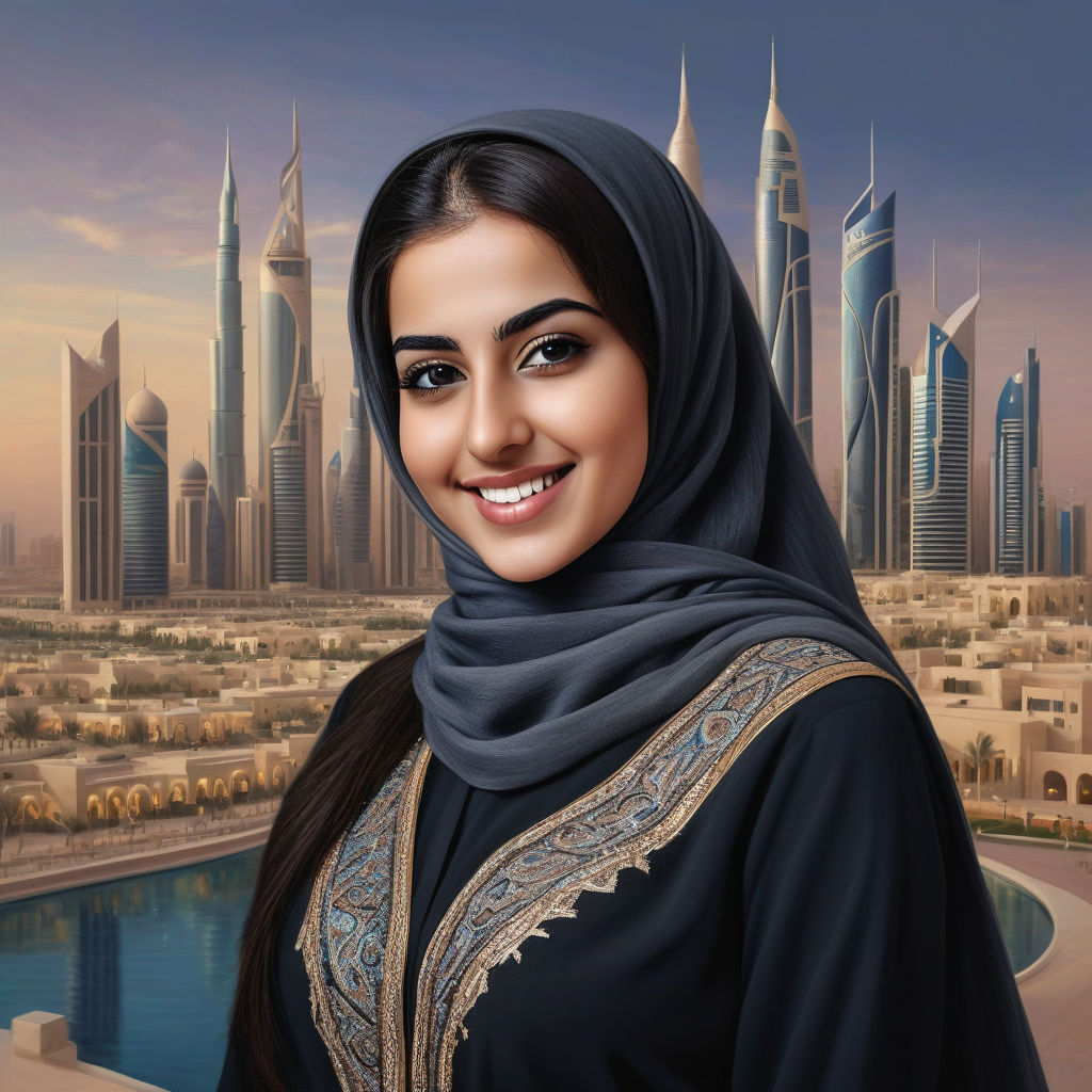 a young Kuwaiti woman in her mid-20s. She has long, dark hair and a warm smile. Her outfit reflects traditional Kuwaiti fashion: she is wearing an elegant abaya with intricate embroidery, paired with a matching hijab. The background features a modern Kuwaiti cityscape with a mix of traditional and contemporary architecture, capturing the essence of Kuwaiti culture and style.