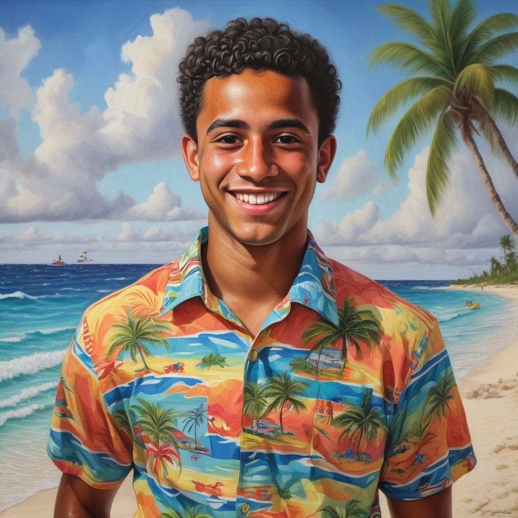 a young Caymanian man in his mid-20s from the Cayman Islands. He has short, curly black hair and a bright, friendly smile. His outfit reflects traditional Caymanian fashion: he is wearing a colorful, tropical shirt with island patterns, paired with casual shorts and flip-flops. The background features a picturesque Cayman Islands beach with clear blue waters and lush palm trees, capturing the essence of Caymanian culture and style.