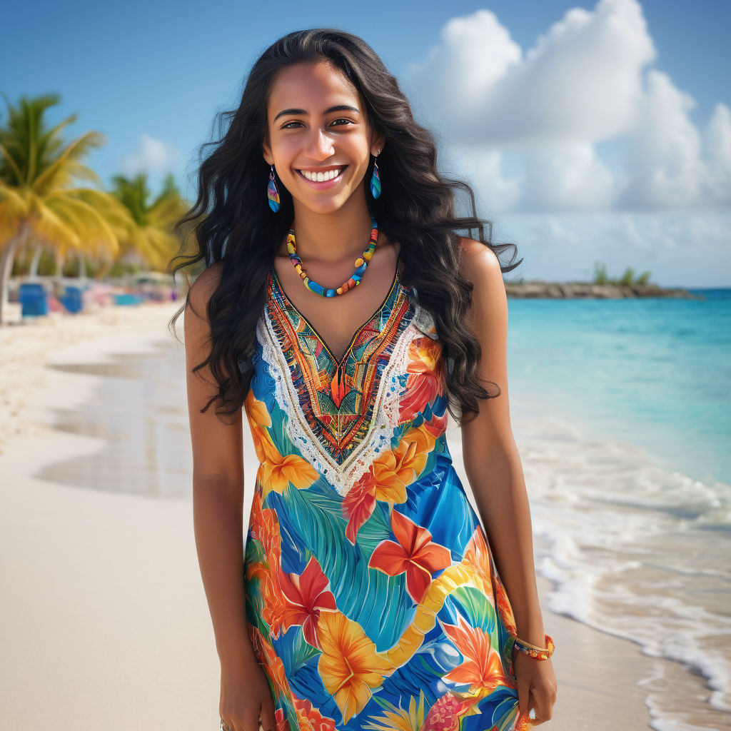 a young Caymanian woman in her mid-20s from the Cayman Islands. She has long, wavy black hair and a warm, radiant smile. Her outfit reflects traditional Caymanian fashion: she is wearing a colorful, tropical dress with vibrant patterns, paired with simple jewelry and sandals. The background features a beautiful Cayman Islands beach with clear blue waters and lush palm trees, capturing the essence of Caymanian culture and style.