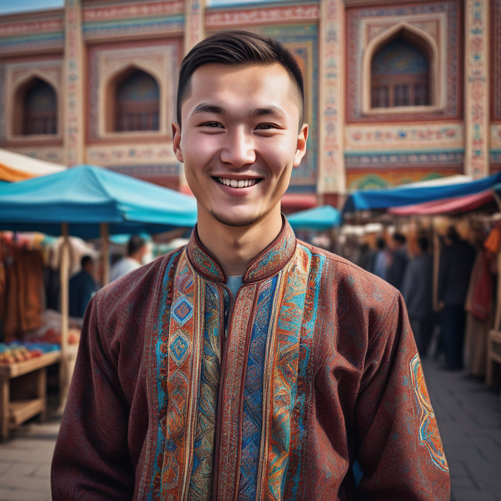 a young Kazakh man in his mid-20s. He has short, dark hair and a confident smile. His outfit reflects modern Kazakh fashion: he is wearing a traditional chapan with intricate patterns, paired with a simple shirt and trousers. The background features a lively Kazakh street with vibrant markets and traditional architecture, capturing the essence of Kazakh culture and style.