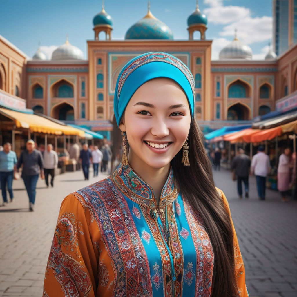 a young Kazakh woman in her mid-20s. She has long, dark hair and a bright smile. Her outfit reflects modern Kazakh fashion: she is wearing a traditional dress with intricate patterns and a matching headscarf, paired with traditional jewelry. The background features a lively Kazakh street with vibrant markets and traditional architecture, capturing the essence of Kazakh culture and style.