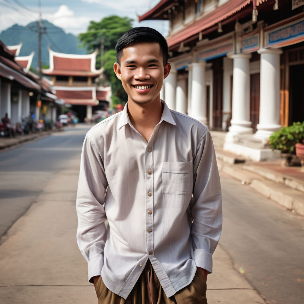 a young Lao man in his mid-20s. He has short, dark hair and a friendly smile. His outfit reflects traditional Lao fashion: he is wearing a sinhs (traditional Lao garment) paired with a lightweight, long-sleeve shirt and traditional sandals. The background features a picturesque Lao street with historic temples and a vibrant atmosphere, capturing the essence of Lao culture and style.