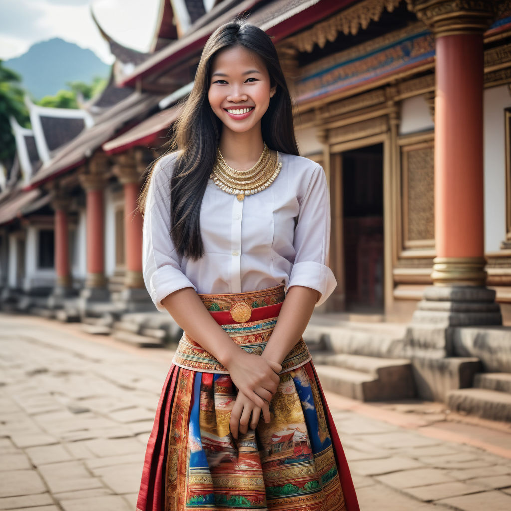 a young Lao woman in her mid-20s. She has long, dark hair and a bright smile. Her outfit reflects traditional Lao fashion: she is wearing a sinhs (traditional Lao skirt) with a matching blouse and traditional jewelry. The background features a picturesque Lao street with historic temples and a vibrant atmosphere, capturing the essence of Lao culture and style.