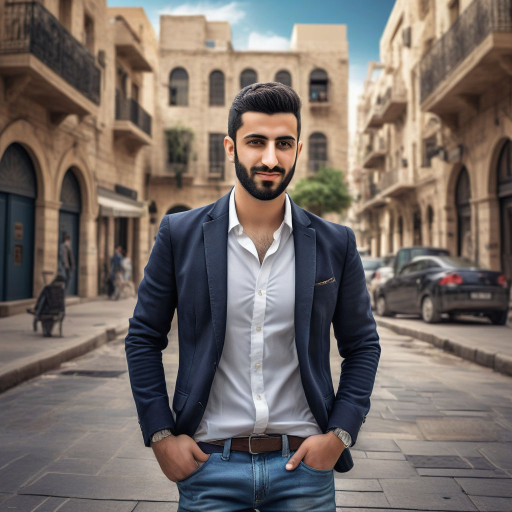 a young Lebanese man in his mid-20s. He has short, dark hair and a neatly groomed beard. His outfit reflects modern Lebanese fashion: he is wearing a stylish, fitted blazer over a casual shirt, paired with slim-fit jeans and leather shoes. The background features a lively Lebanese street with historic buildings and a vibrant atmosphere, capturing the essence of Lebanese culture and style.