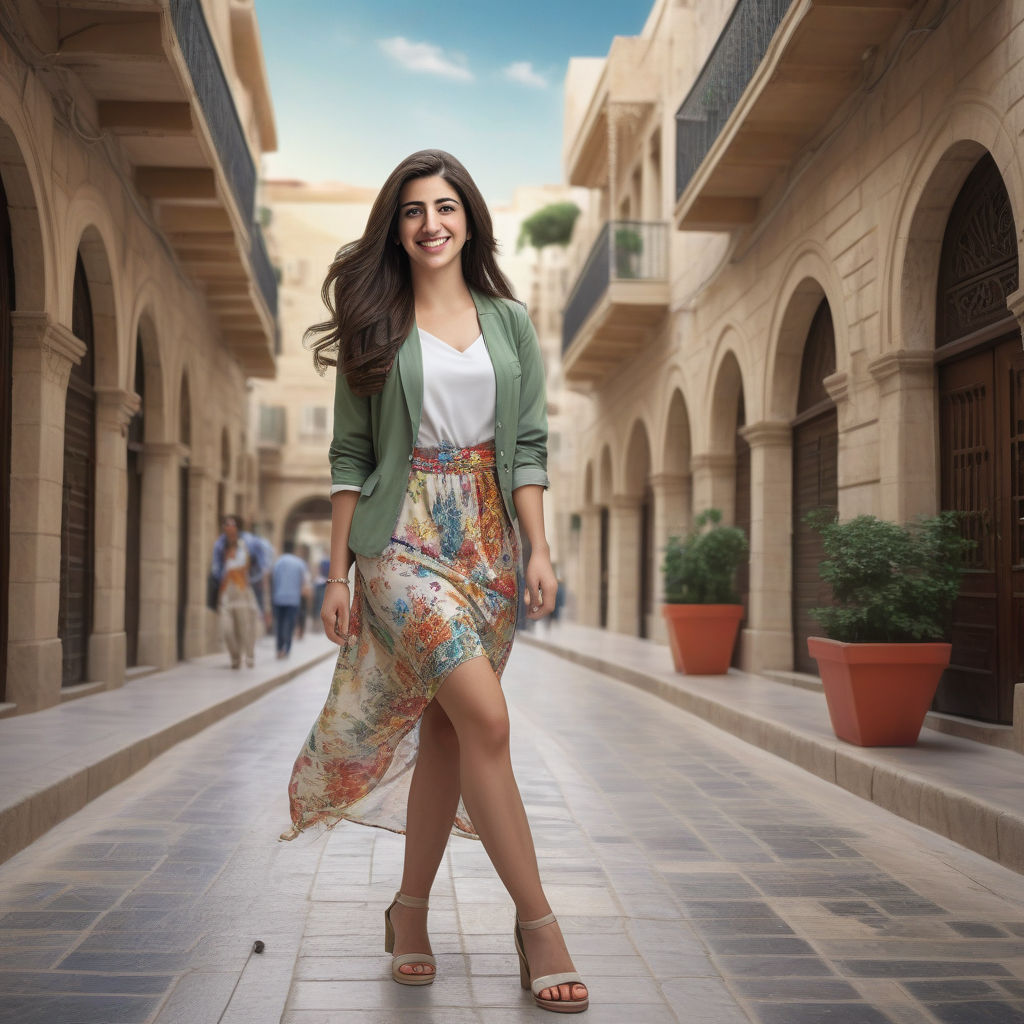 a young Lebanese woman in her mid-20s. She has long, dark hair and a bright smile. Her outfit reflects modern Lebanese fashion: she is wearing a stylish, fitted dress paired with a light jacket and elegant sandals. The background features a lively Lebanese street with historic buildings and a vibrant atmosphere, capturing the essence of Lebanese culture and style.