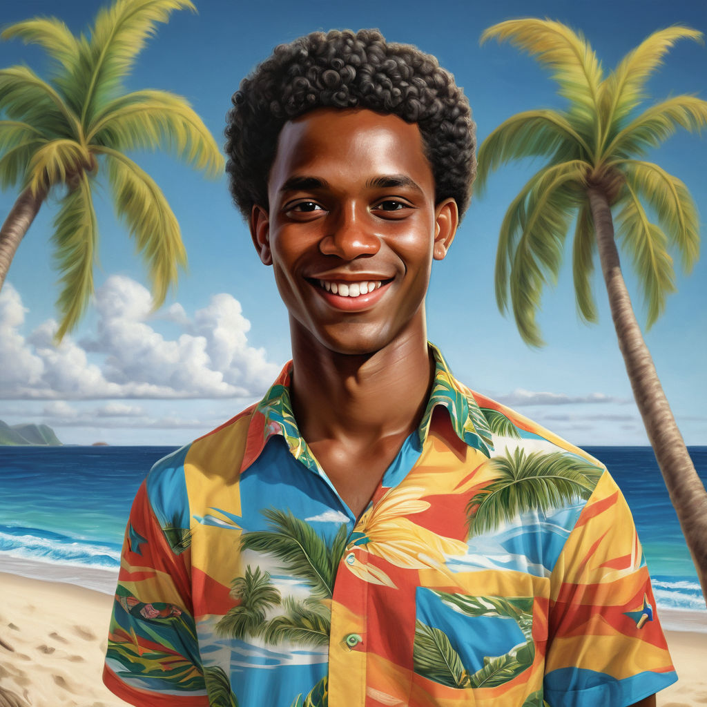 a young Saint Lucian man in his mid-20s from Saint Lucia. He has short, curly black hair and a friendly, relaxed smile. His outfit reflects traditional Saint Lucian fashion: he is wearing a colorful, tropical shirt with island patterns, paired with casual shorts and sandals. The background features a beautiful Saint Lucian beach with clear blue waters and lush palm trees, capturing the essence of Saint Lucian culture and style.