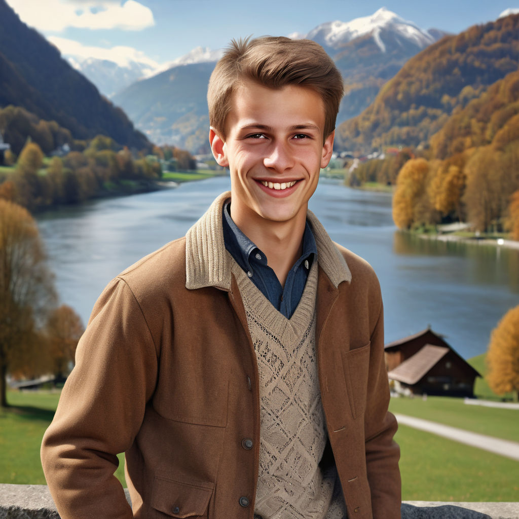 a young Liechtensteiner man in his mid-20s from Liechtenstein. He has short, light brown hair and a confident, friendly smile. His outfit reflects traditional Liechtensteiner fashion: he is wearing a stylish, casual jacket over a warm sweater, paired with jeans and sturdy boots. The background features a picturesque Liechtenstein landscape with alpine mountains and charming villages, capturing the essence of Liechtensteiner culture and style.