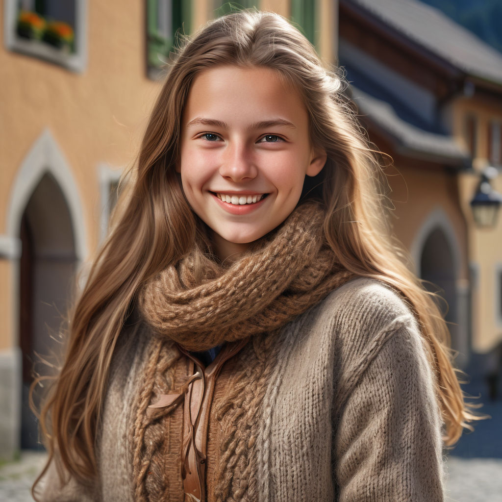 a young Liechtensteiner woman in her mid-20s from Liechtenstein. She has long, light brown hair and a warm, bright smile. Her outfit reflects traditional Liechtensteiner fashion: she is wearing a cozy, stylish sweater paired with a chic coat and jeans, along with sturdy boots. The background features a beautiful Liechtenstein landscape with alpine mountains and charming villages, capturing the essence of Liechtensteiner culture and style.